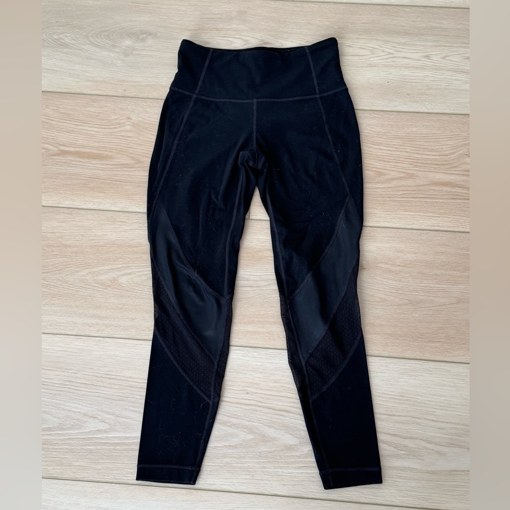 Athleta 7/8 Black Legging with Sheer and Faux Leather Detail